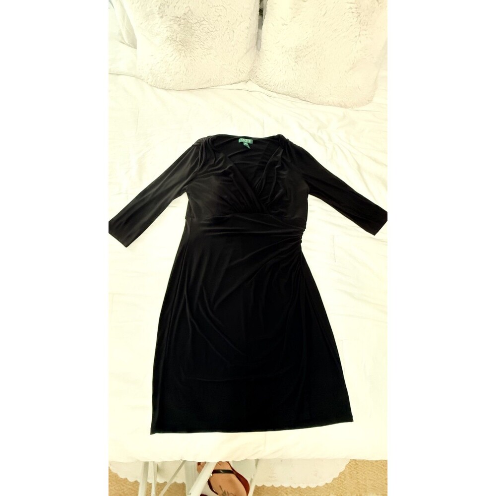 Lauren Ralph Lauren Black Faux Wrap Dress Sz 16W 3/4 Sleeve Ruched Knit